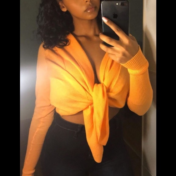 💋Orange Knit 🧶 Open Front Tie Crop Sweater - Picture 3 of 5